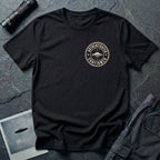 Black UFO t-shirt with a small distressed circular badge on the left chest showing a flying saucer and the words AUTHENTICATED CONFIRMED in cream white