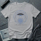 Sacred geometry UFO t-shirt, craft with light beam descending through geometric circles and triangles into a mandala, the word Awareness below, sport grey