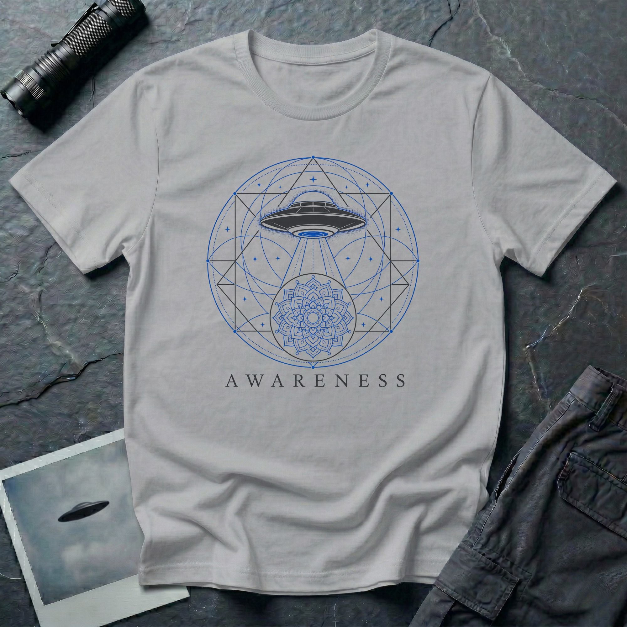 Sacred geometry UFO t-shirt, craft with light beam descending through geometric circles and triangles into a mandala, the word Awareness below, sport grey