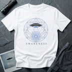 Sacred geometry UFO t-shirt, craft with light beam descending through geometric circles and triangles into a mandala, the word Awareness below, white