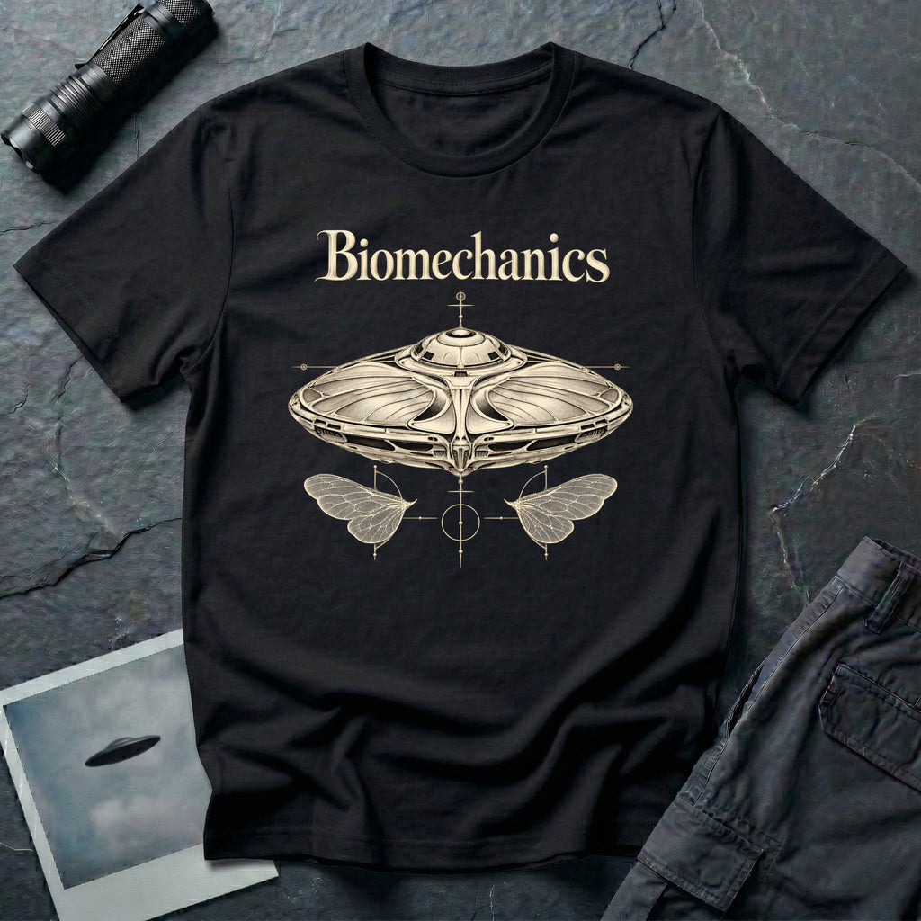 Biomechanics UFO T-shirt with an organic flying saucer, symmetrical insect wings and Victorian specimen-style ivory engraving on black tee