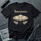 Biomechanics UFO T-shirt with an organic flying saucer, symmetrical insect wings and Victorian specimen-style ivory engraving on black tee