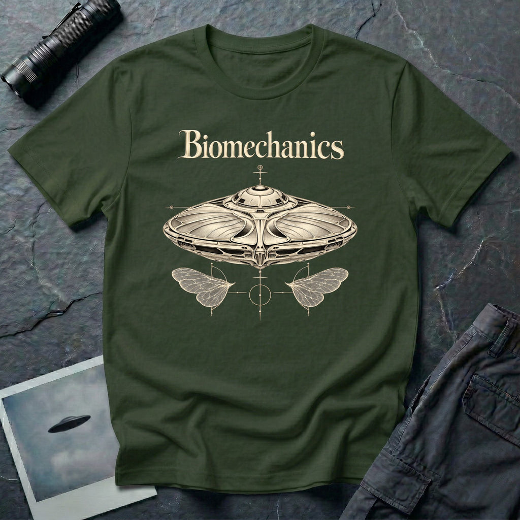Biomechanics UFO T-shirt with an organic flying saucer, symmetrical insect wings and Victorian specimen-style ivory engraving on military green tee