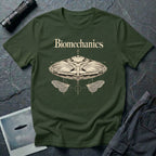 Biomechanics UFO T-shirt with an organic flying saucer, symmetrical insect wings and Victorian specimen-style ivory engraving on military green tee