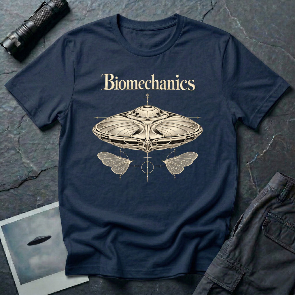 Biomechanics UFO T-shirt with an organic flying saucer, symmetrical insect wings and Victorian specimen-style ivory engraving on navy blue tee
