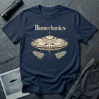Biomechanics UFO T-shirt with an organic flying saucer, symmetrical insect wings and Victorian specimen-style ivory engraving on navy blue tee