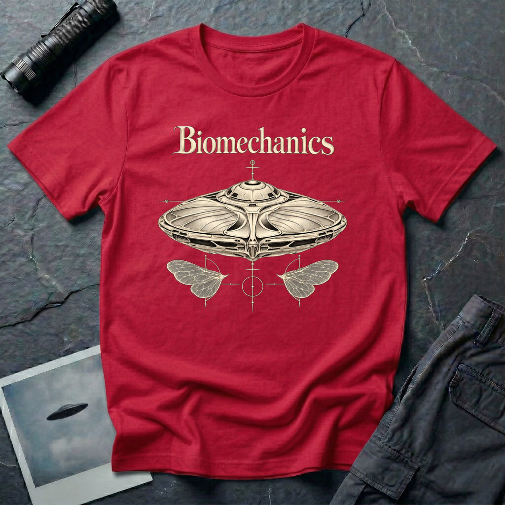 Biomechanics UFO T-shirt with an organic flying saucer, symmetrical insect wings and Victorian specimen-style ivory engraving on red tee