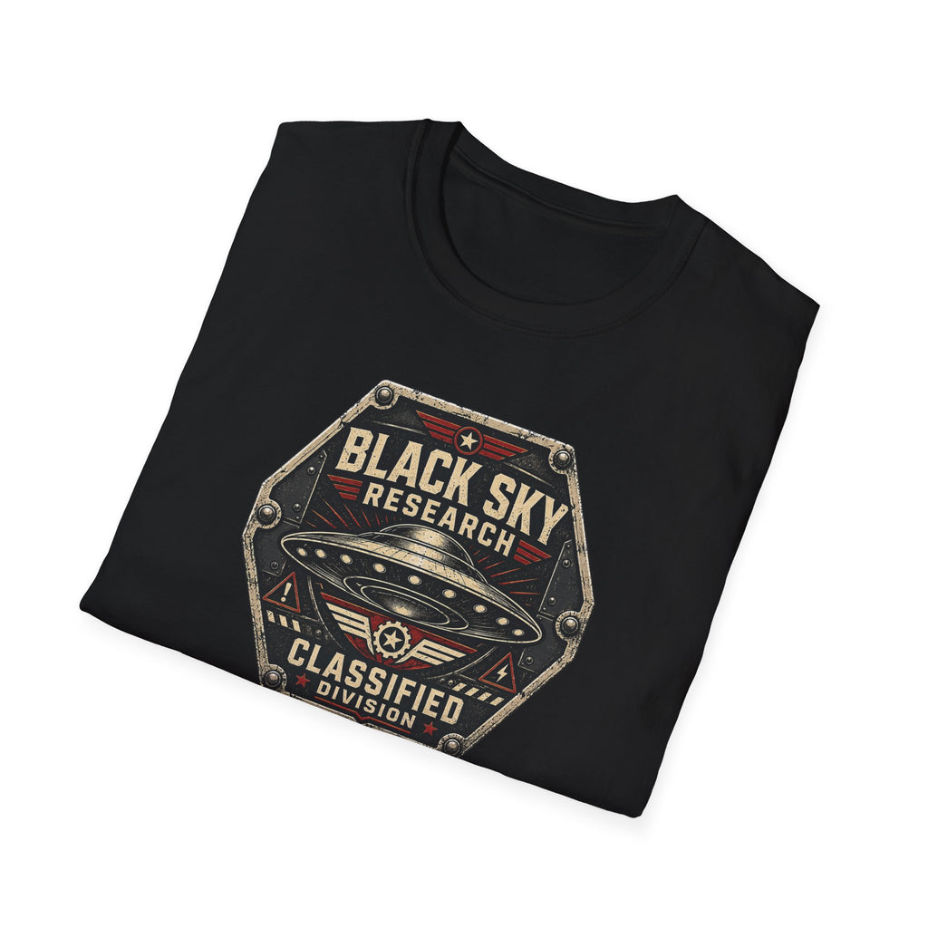 Black Sky Research UFO patch t-shirt with saucer on riveted classified division badge, black