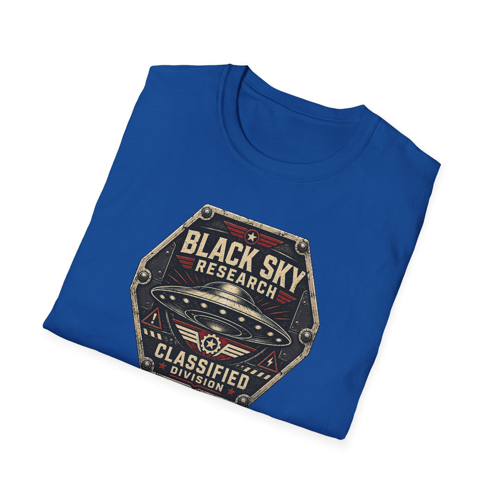 Black Sky Research UFO patch t-shirt with saucer on riveted classified division badge, royal blue
