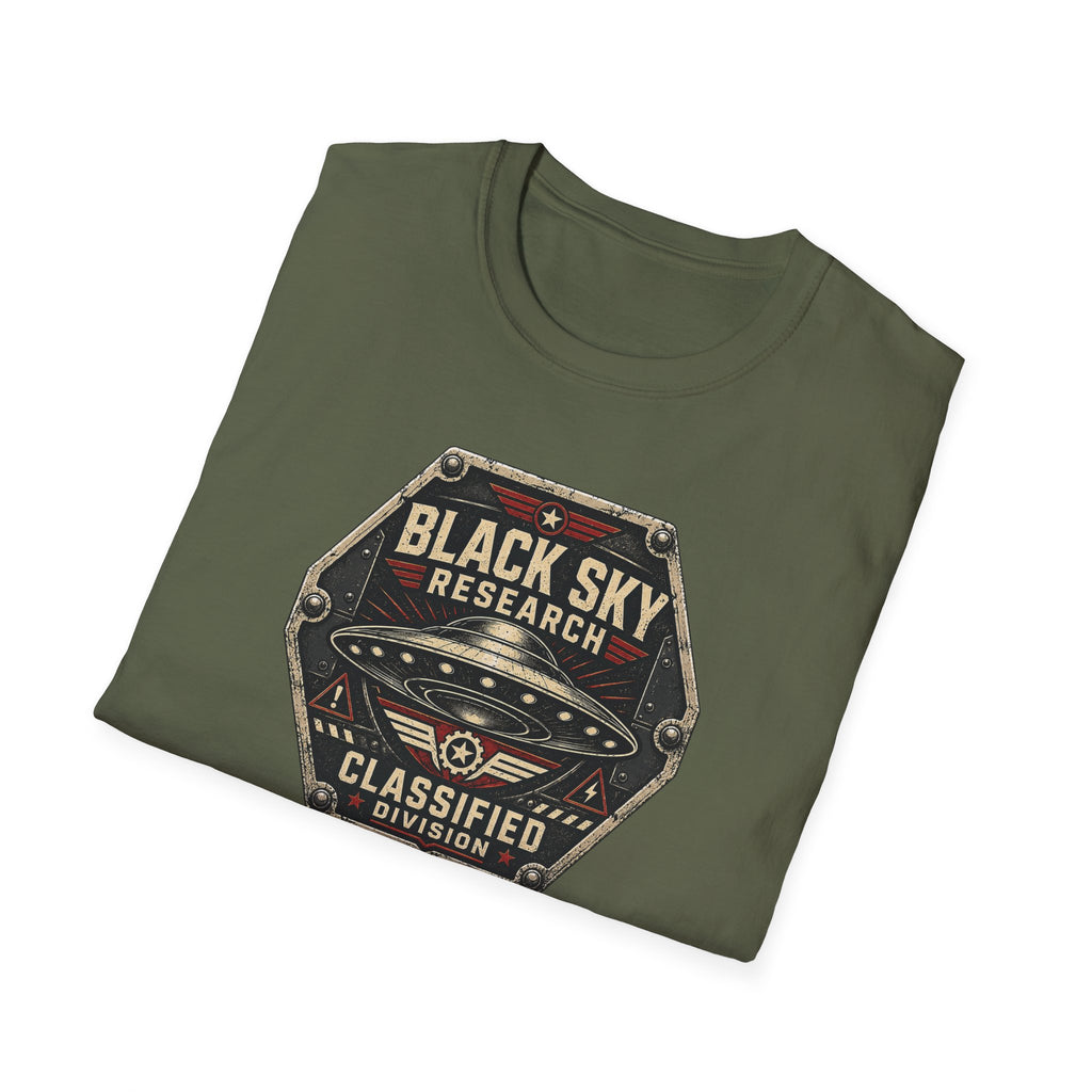 Black Sky Research UFO patch t-shirt with saucer on riveted classified division badge, military green