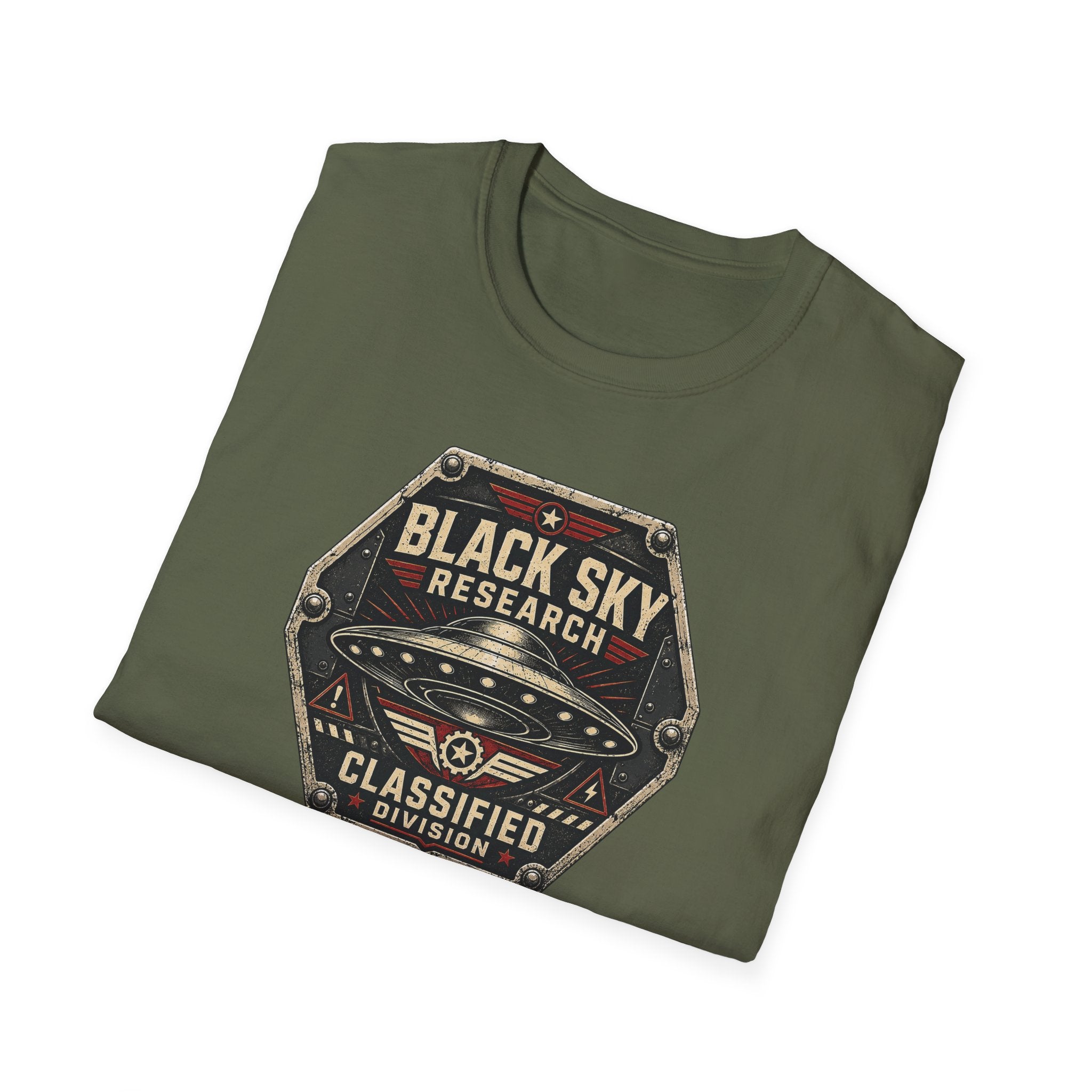 Black Sky Research UFO patch t-shirt with saucer on riveted classified division badge, military green