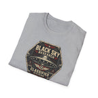 Black Sky Research UFO patch t-shirt with saucer on riveted classified division badge, grey