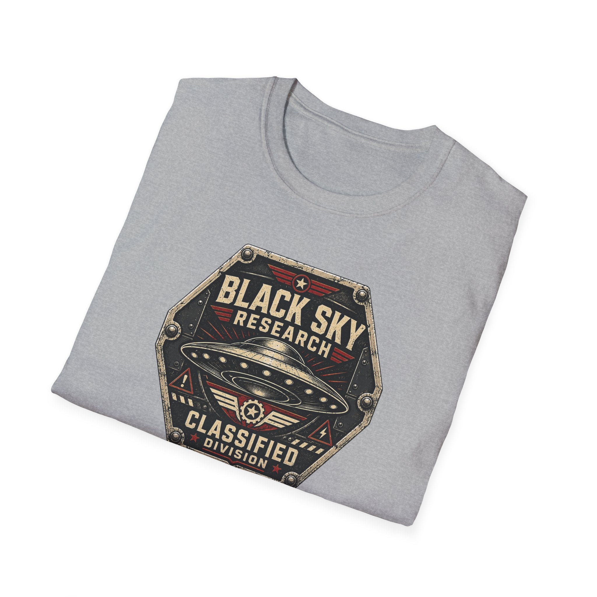 Black Sky Research UFO patch t-shirt with saucer on riveted classified division badge, grey