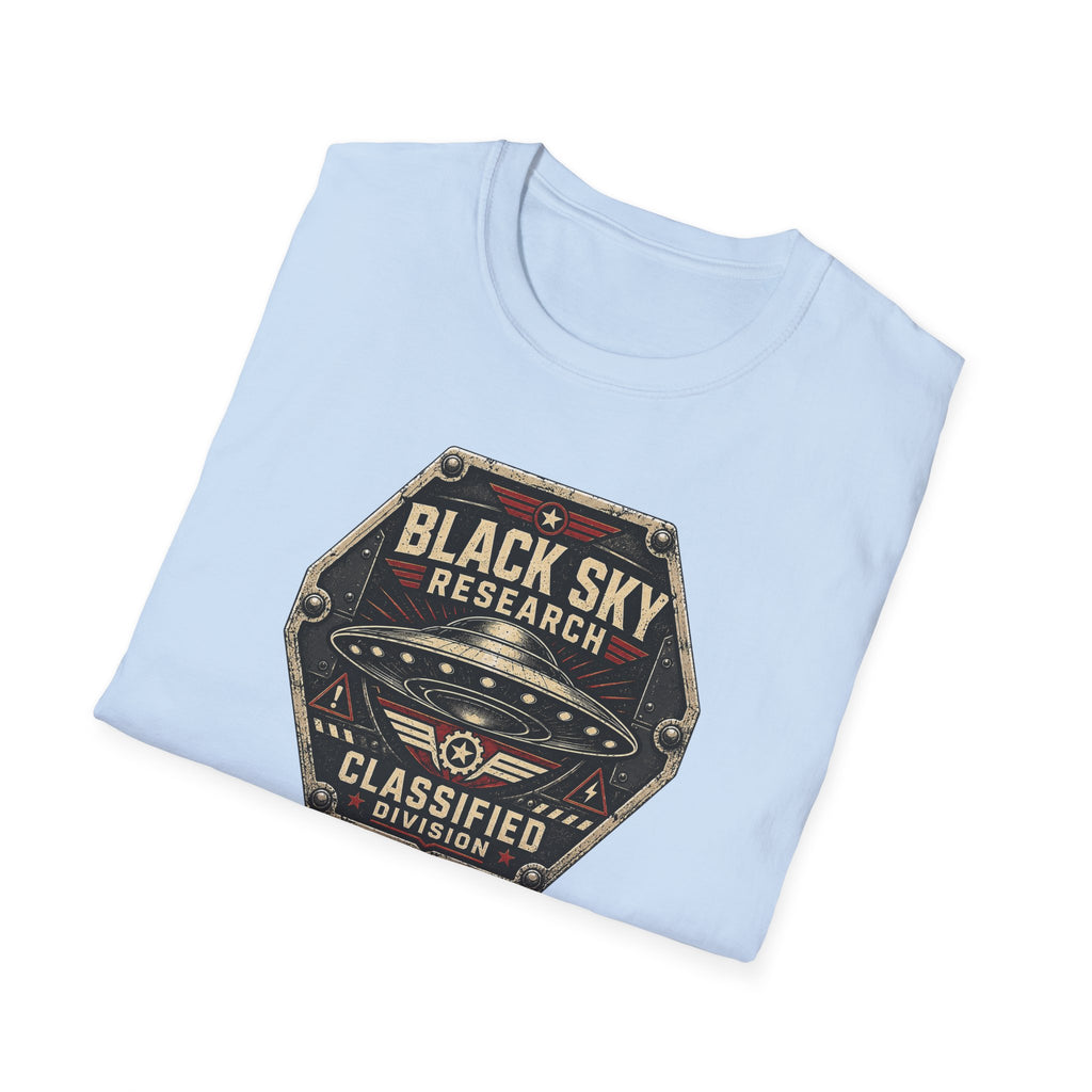 Black Sky Research UFO patch t-shirt with saucer on riveted classified division badge, light blue