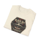 Black Sky Research UFO patch t-shirt with saucer on riveted classified division badge, natural