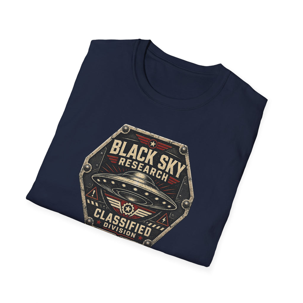 Black Sky Research UFO patch t-shirt with saucer on riveted classified division badge, navy blue