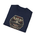Black Sky Research UFO patch t-shirt with saucer on riveted classified division badge, navy blue
