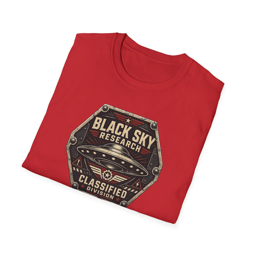 Black Sky Research UFO patch t-shirt with saucer on riveted classified division badge, red