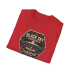 Black Sky Research UFO patch t-shirt with saucer on riveted classified division badge, red