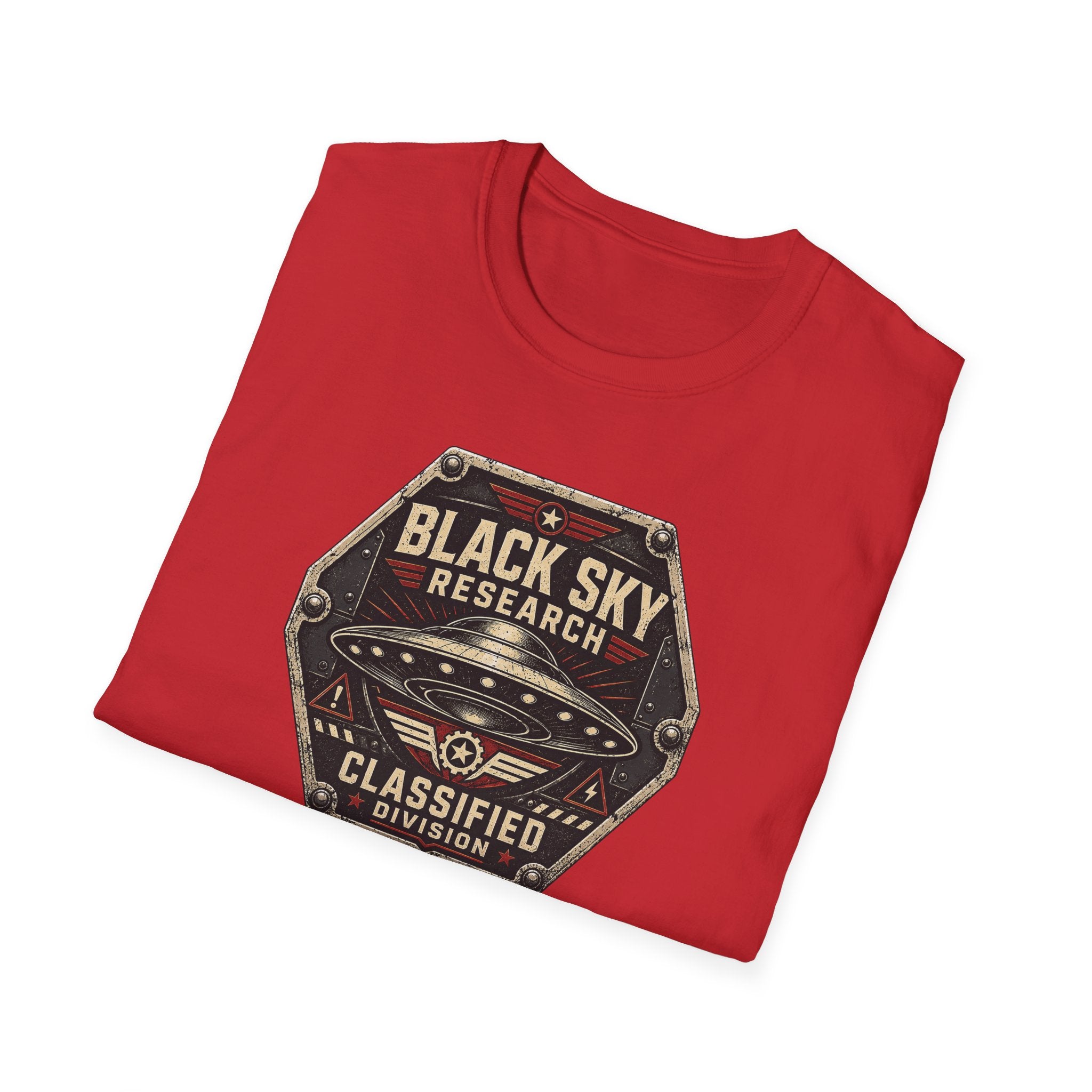Black Sky Research UFO patch t-shirt with saucer on riveted classified division badge, red