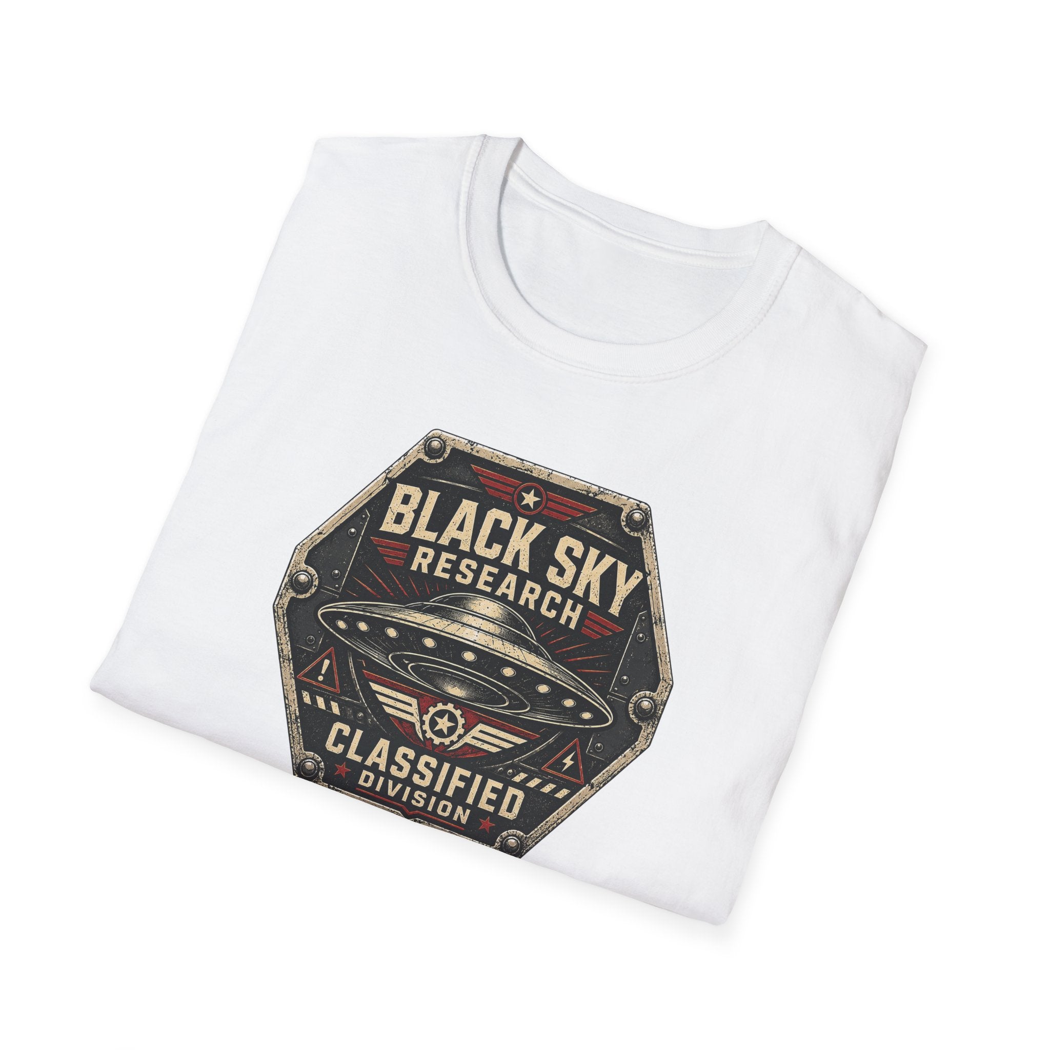 Black Sky Research UFO patch t-shirt with saucer on riveted classified division badge, white
