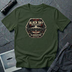 Black Sky Research UFO patch t-shirt with saucer on riveted classified division badge, military green