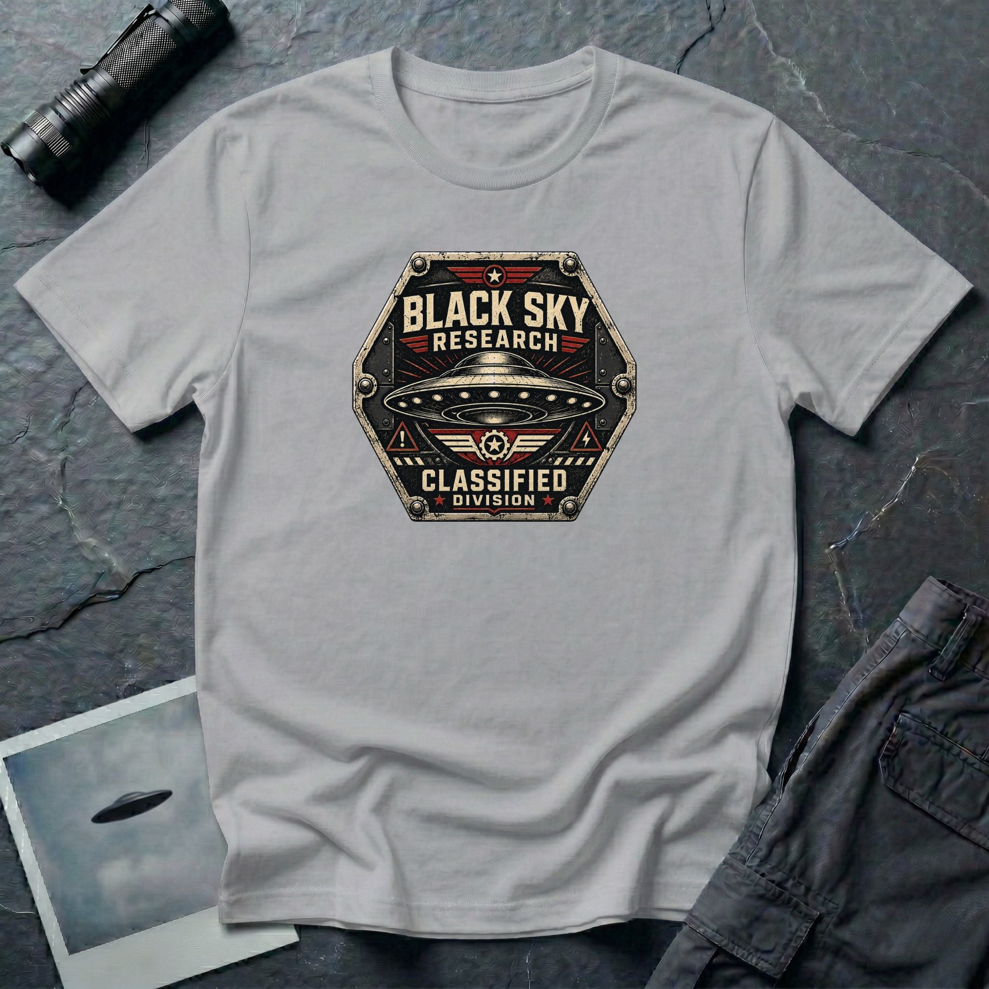 Black Sky Research UFO patch t-shirt with saucer on riveted classified division badge, grey
