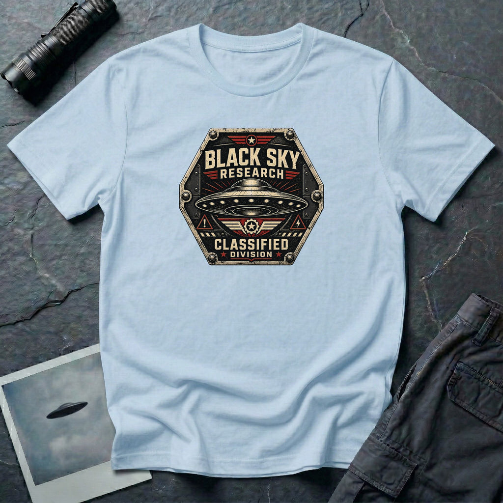 Black Sky Research UFO patch t-shirt with saucer on riveted classified division badge, light blue
