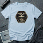 Black Sky Research UFO patch t-shirt with saucer on riveted classified division badge, light blue