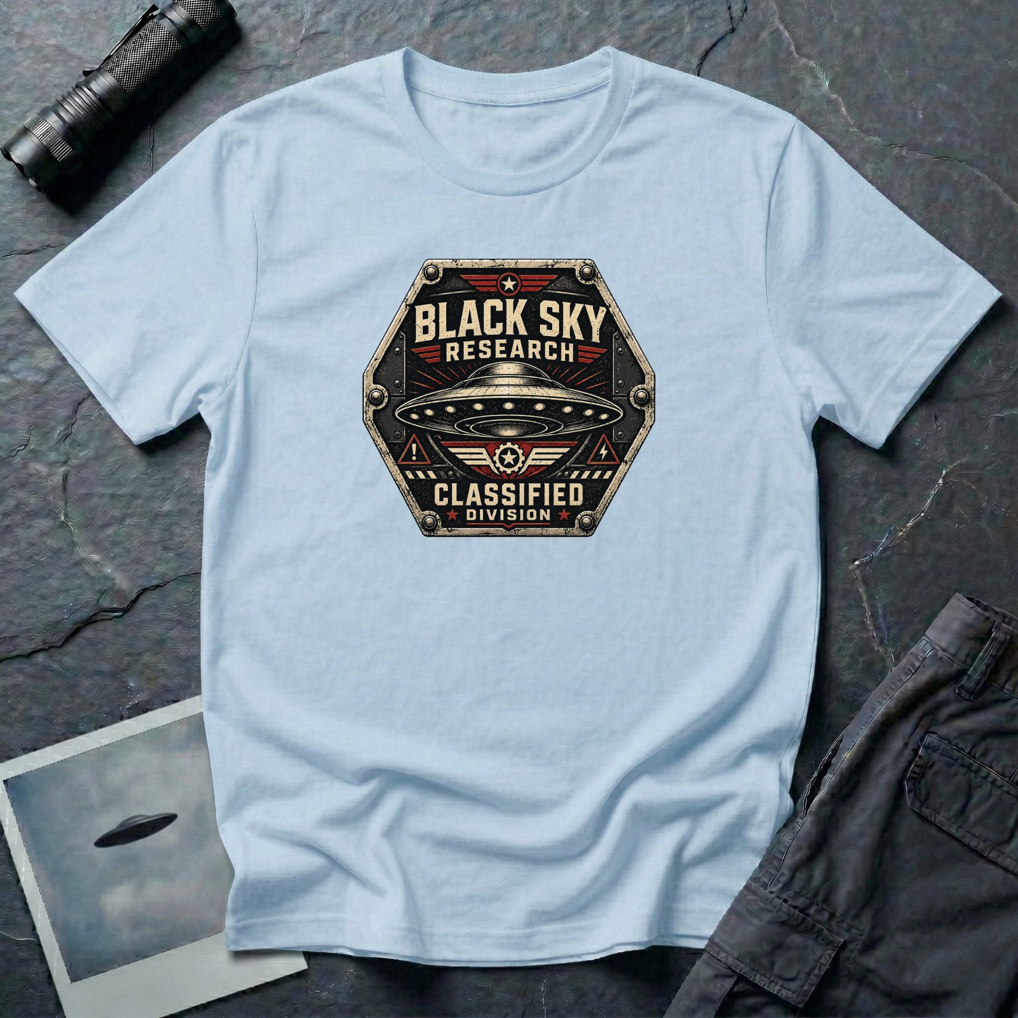 Black Sky Research UFO patch t-shirt with saucer on riveted classified division badge, light blue