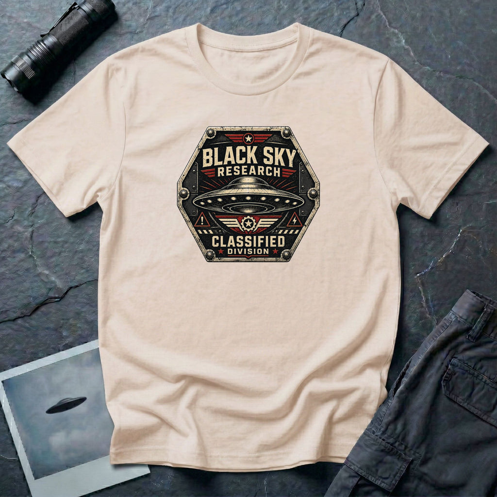 Black Sky Research UFO patch t-shirt with saucer on riveted classified division badge, natural