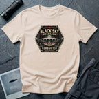 Black Sky Research UFO patch t-shirt with saucer on riveted classified division badge, natural