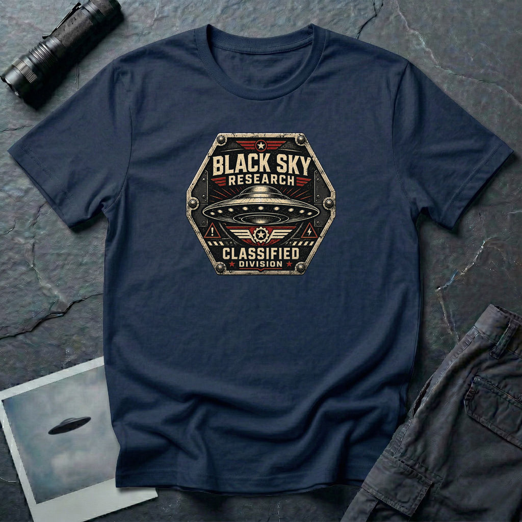Black Sky Research UFO patch t-shirt with saucer on riveted classified division badge, navy blue