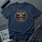 Black Sky Research UFO patch t-shirt with saucer on riveted classified division badge, navy blue