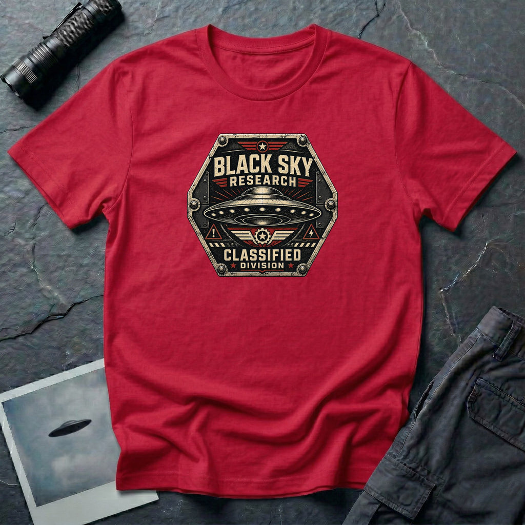 Black Sky Research UFO patch t-shirt with saucer on riveted classified division badge, red