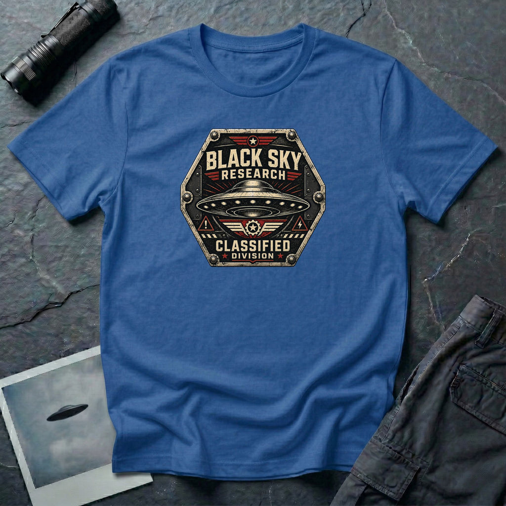 Black Sky Research UFO patch t-shirt with saucer on riveted classified division badge, royal blue