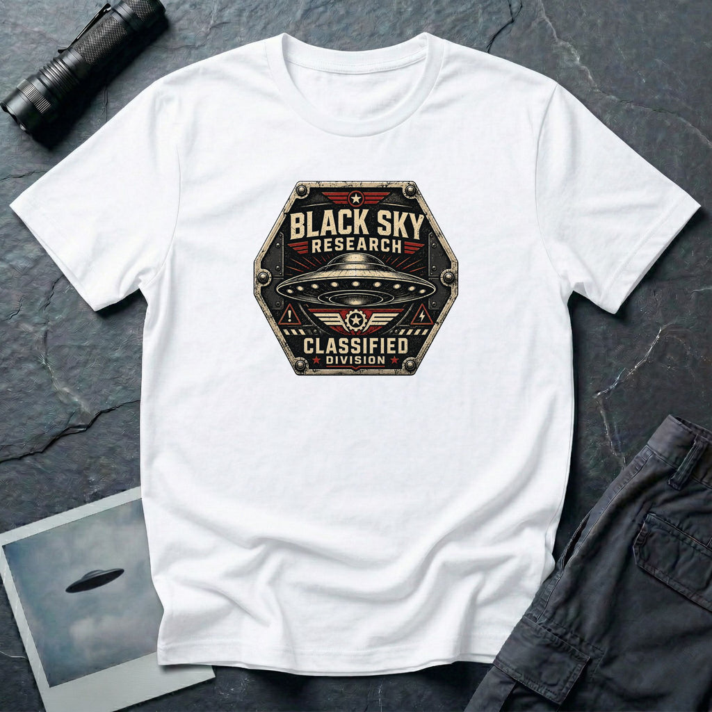 Black Sky Research UFO patch t-shirt with saucer on riveted classified division badge, white