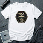Black Sky Research UFO patch t-shirt with saucer on riveted classified division badge, white