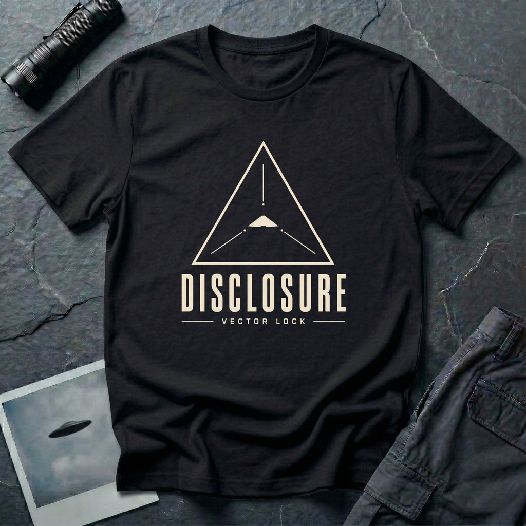 Black UFO disclosure t-shirt with a Black Triangle delta-wing craft inside an upward-pointing targeting triangle with sight lines and the words DISCLOSURE VECTOR LOCK