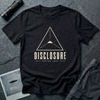 Black UFO disclosure t-shirt with a Black Triangle delta-wing craft inside an upward-pointing targeting triangle with sight lines and the words DISCLOSURE VECTOR LOCK