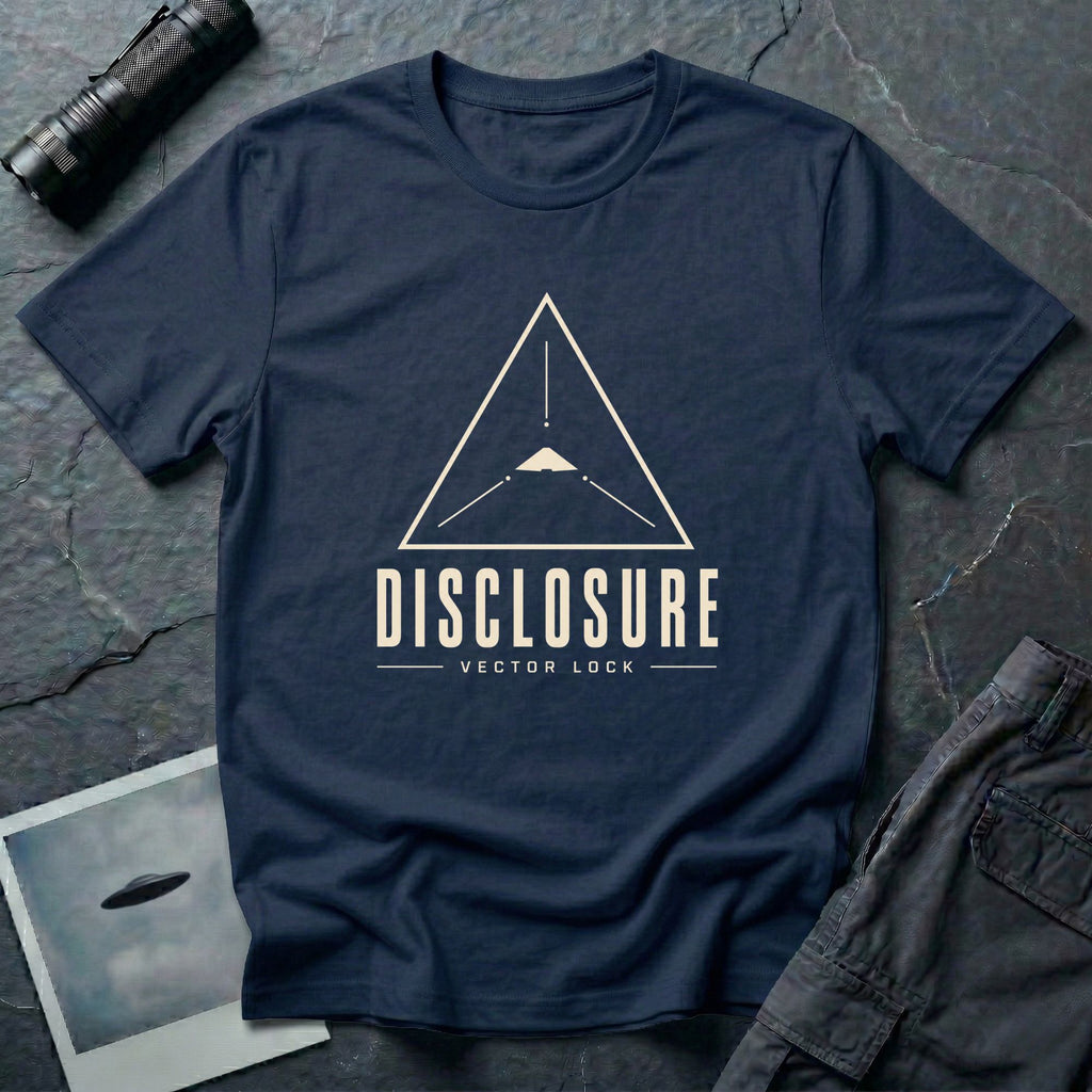 Navy blue UFO disclosure t-shirt with a Black Triangle delta-wing craft inside an upward-pointing targeting triangle with sight lines and the words DISCLOSURE VECTOR LOCK