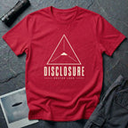 Red UFO disclosure t-shirt with a Black Triangle delta-wing craft inside an upward-pointing targeting triangle with sight lines and the words DISCLOSURE VECTOR LOCK