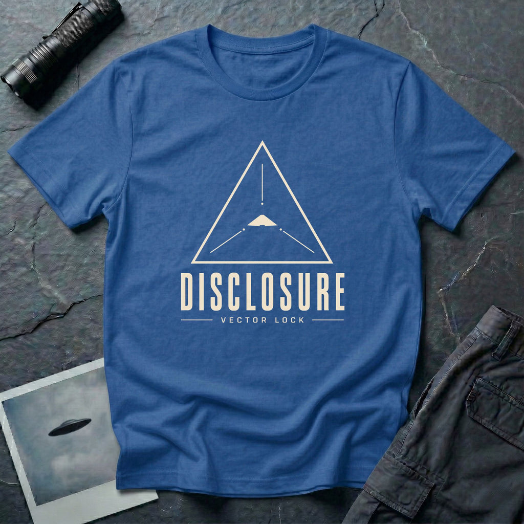 Blue UFO disclosure t-shirt with a Black Triangle delta-wing craft inside an upward-pointing targeting triangle with sight lines and the words DISCLOSURE VECTOR LOCK