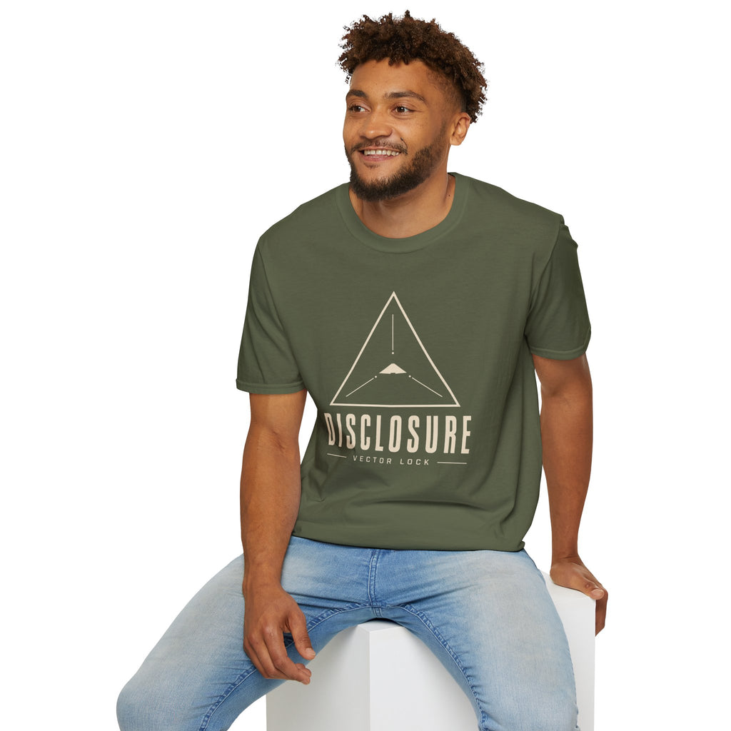 Man wearing green UFO disclosure t-shirt with a Black Triangle delta-wing craft inside an upward-pointing targeting triangle with sight lines and the words DISCLOSURE VECTOR LOCK