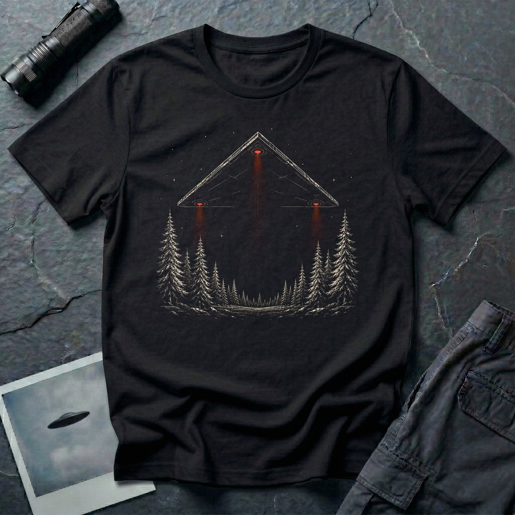 Black triangle UFO t-shirt with corner lights and red beams over spruce forest at night, black