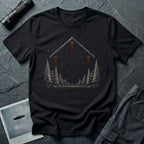 Black triangle UFO t-shirt with corner lights and red beams over spruce forest at night, black