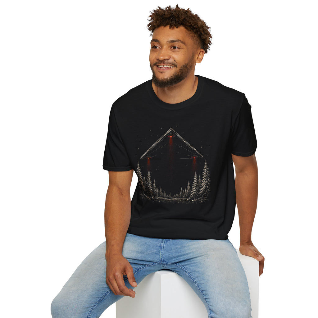 Black triangle UFO t-shirt with corner lights and red beams over spruce forest at night, black