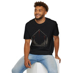 Black triangle UFO t-shirt with corner lights and red beams over spruce forest at night, black