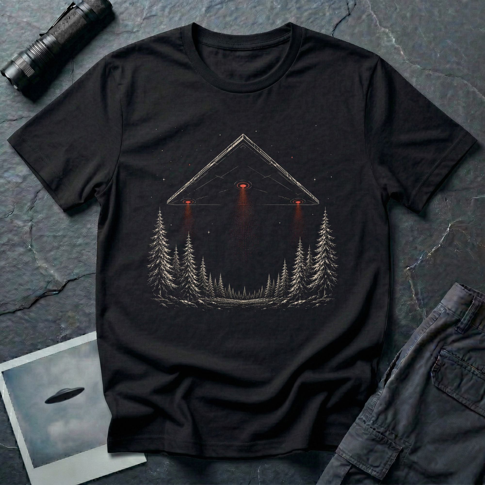 Black triangle UFO t-shirt with three red beams over pine forest at night