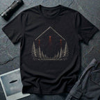 Black triangle UFO t-shirt with three red beams over spruce forest at night